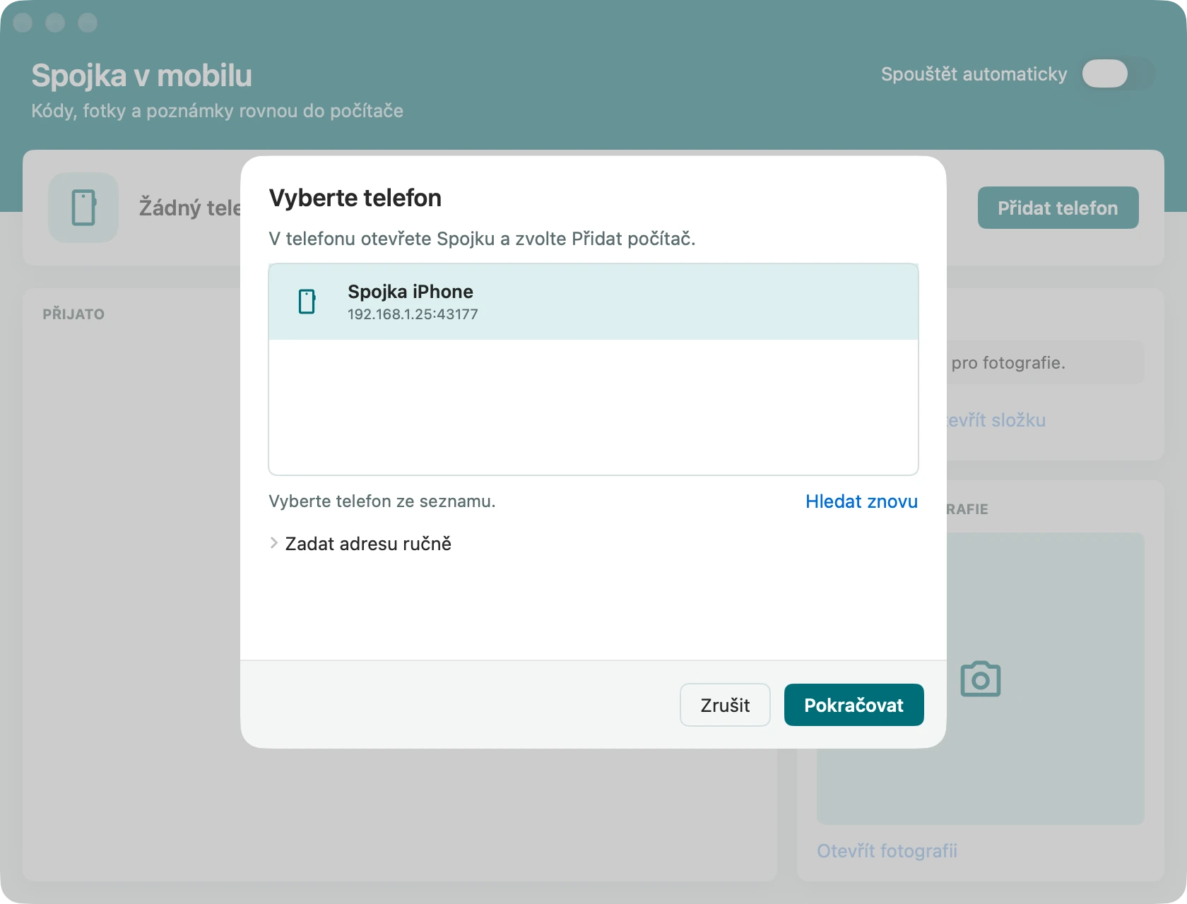 Výběr telefonu nalezeného v síti – Spojka v mobilu pro Mac