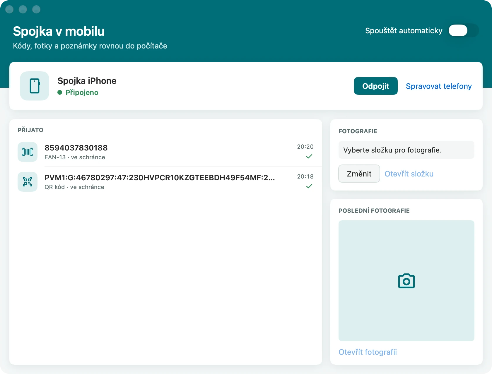 Přijaté kódy a fotografie – Spojka v mobilu pro Mac