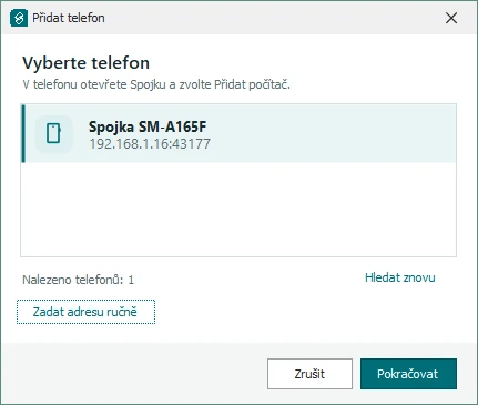 Výběr telefonu nalezeného v síti – Spojka v mobilu pro Windows