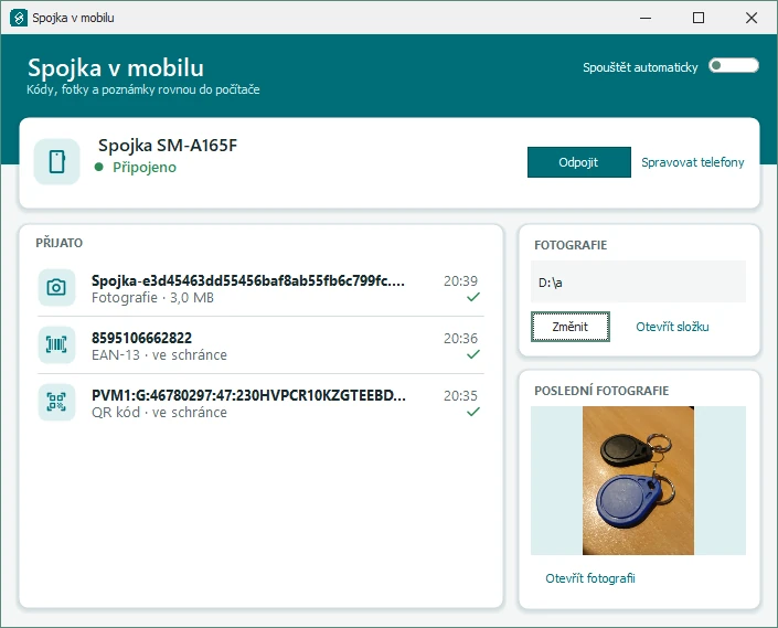 Přijaté kódy a fotografie – Spojka v mobilu pro Windows