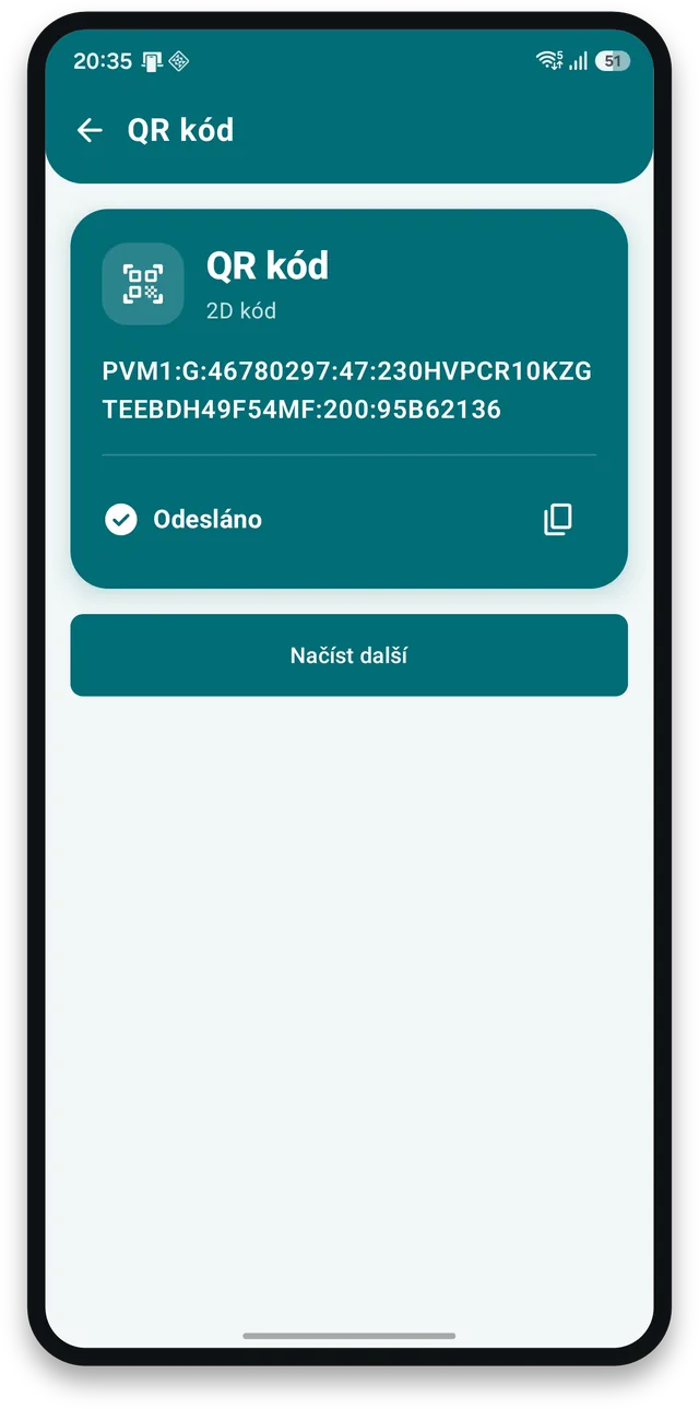 Načtený QR kód – Spojka v mobilu pro Android