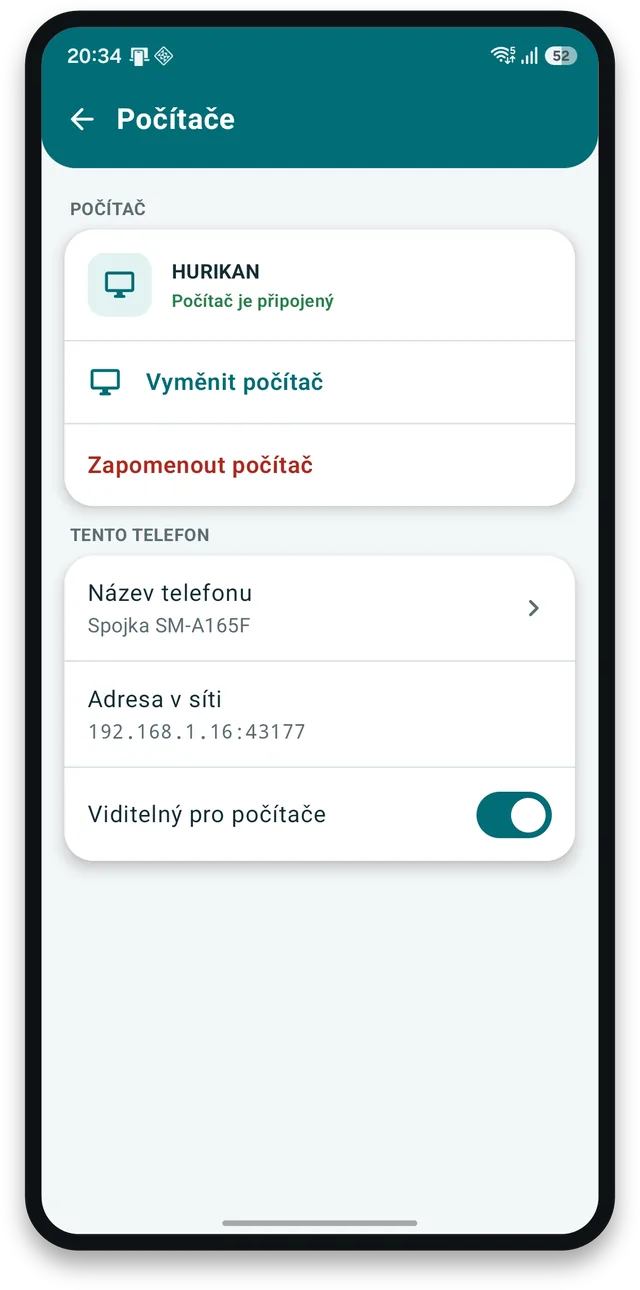 Spárovaný počítač – Spojka v mobilu pro Android