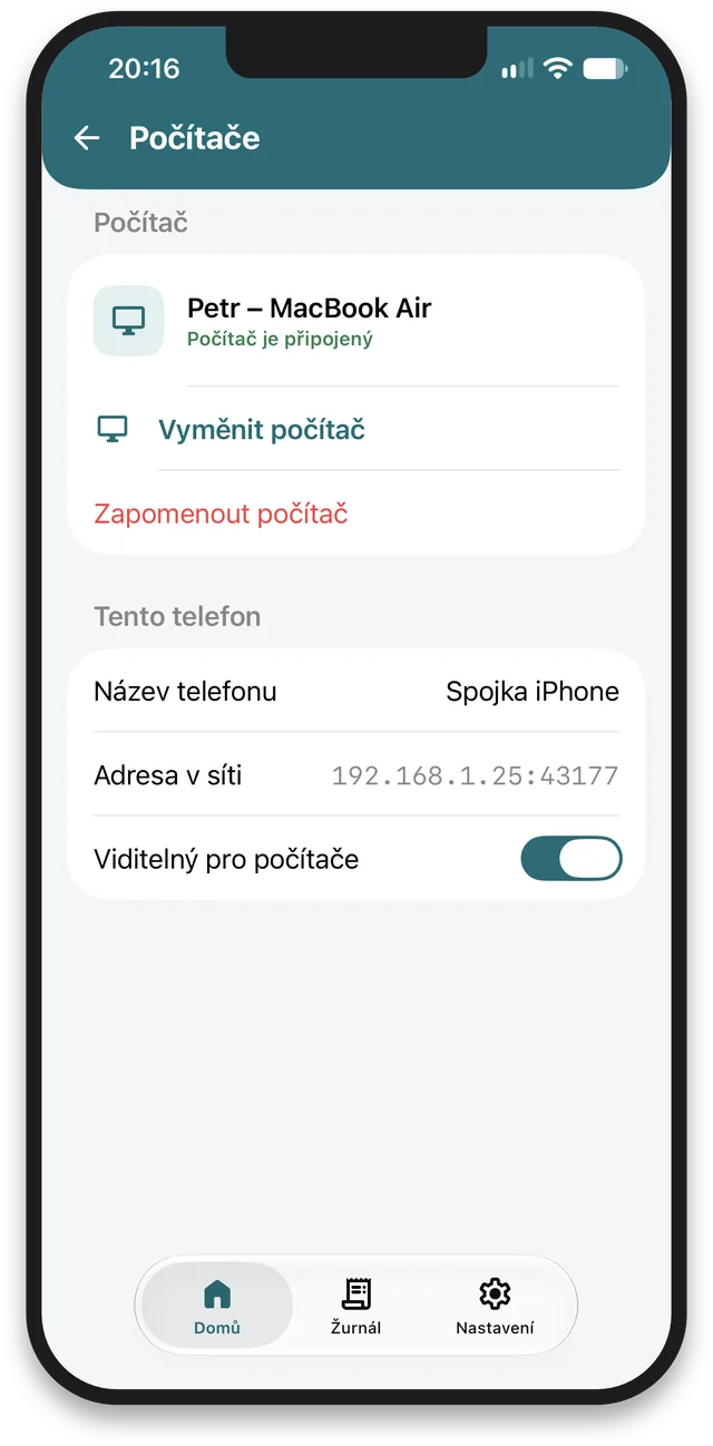 Spárovaný počítač – Spojka v mobilu pro iOS